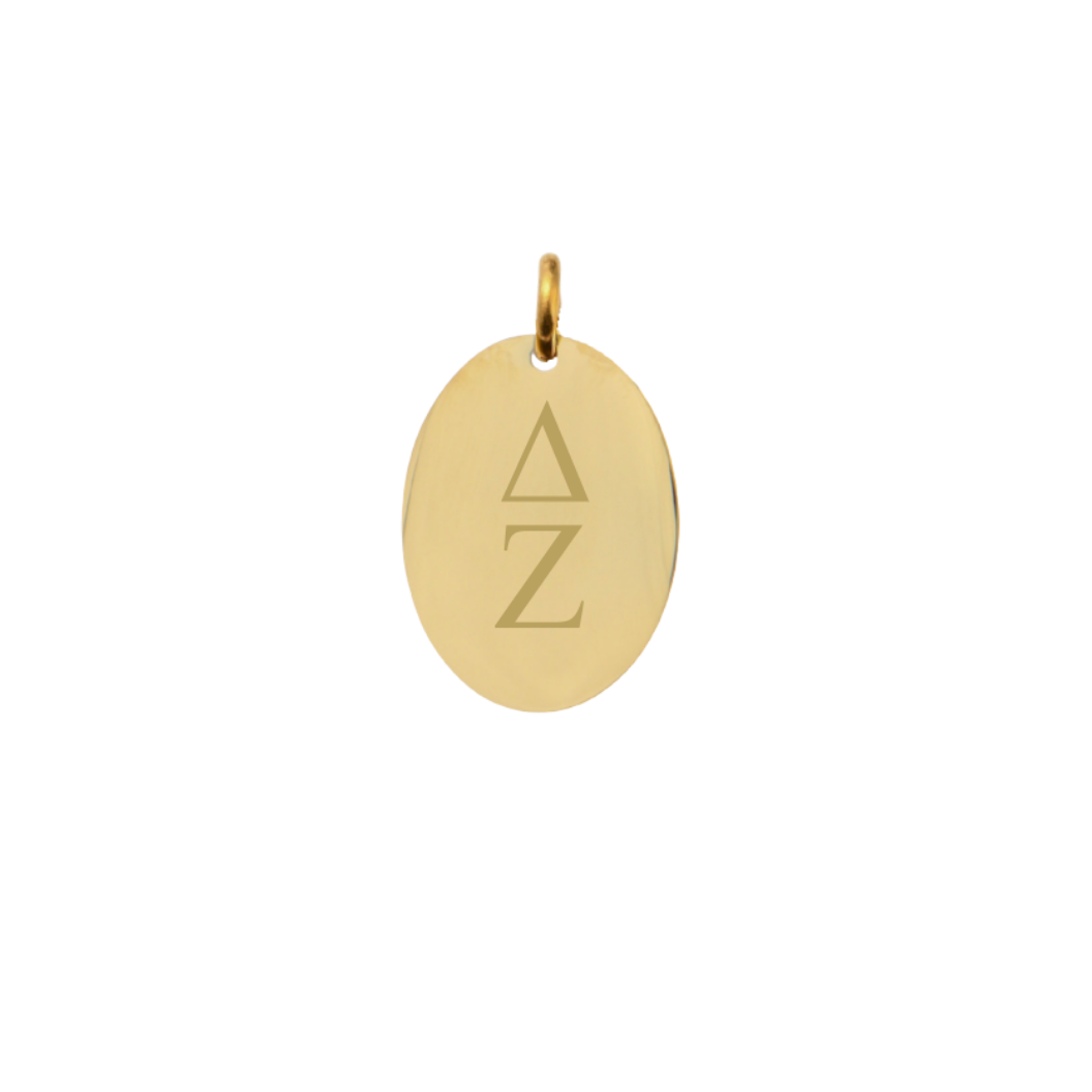 Delta Zeta Small Gold Oval Sorority Charm - Vertical Stacked Greek Letters