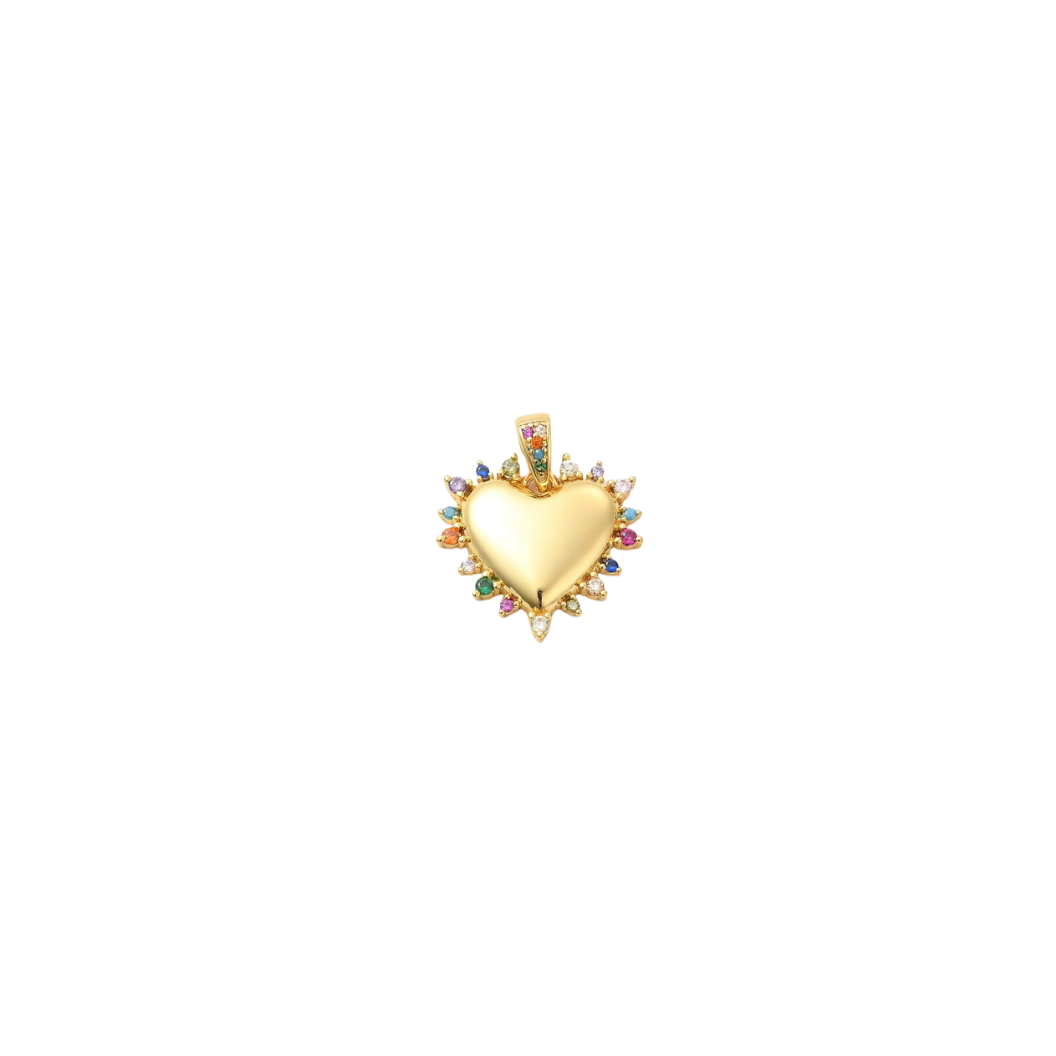Gold heart-shaped pendant with colorful stones on a white background
