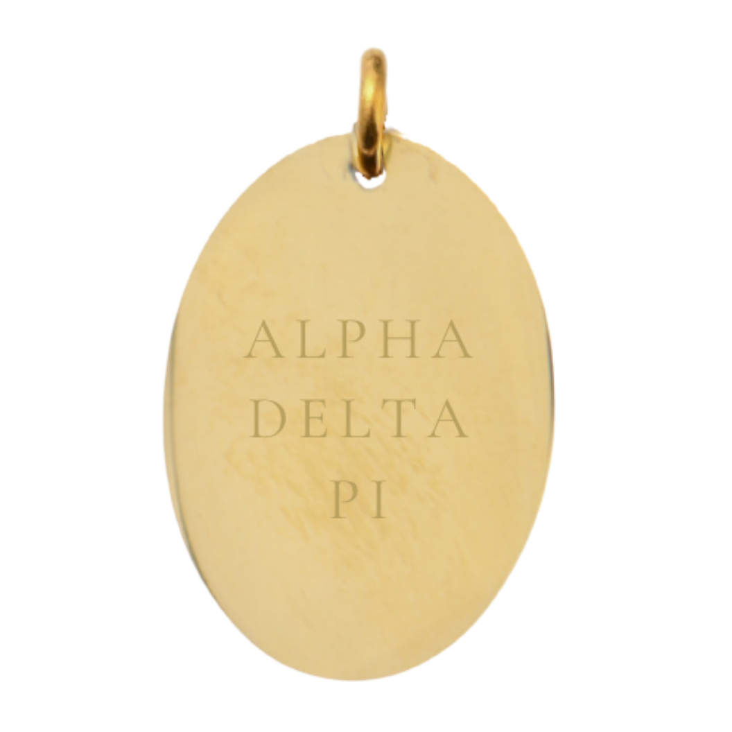 Alpha Delta Pi Large Gold Oval Sorority Charm - Full Sorority Name | Waterproof, Hypoallergenic & Tarnish Resistant