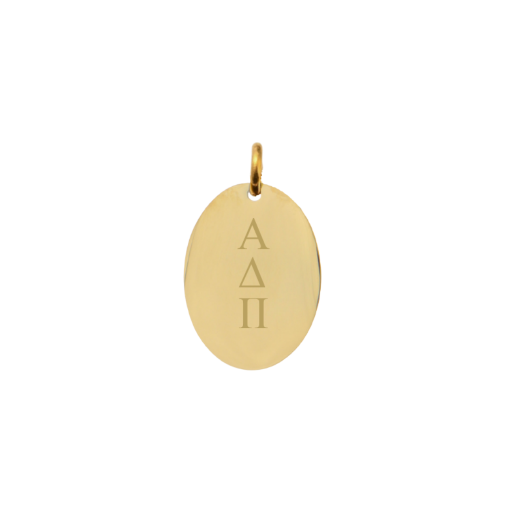 Alpha Delta Pi Small Gold Oval Charm - Vertical Stacked Greek Letters | Waterproof, Hypoallergenic & Tarnish Resistant
