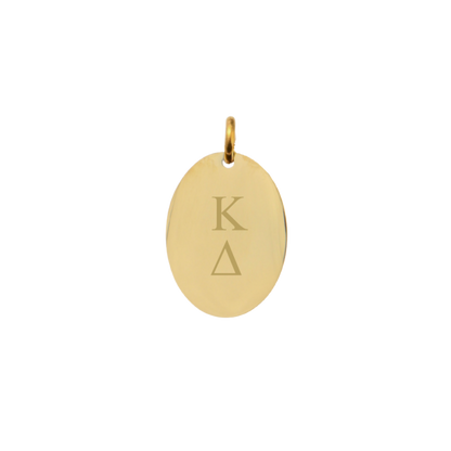 Kappa Delta Small Gold Oval Charm - Vertical Stacked Greek Letters | Waterproof, Hypoallergenic & Tarnish Resistant