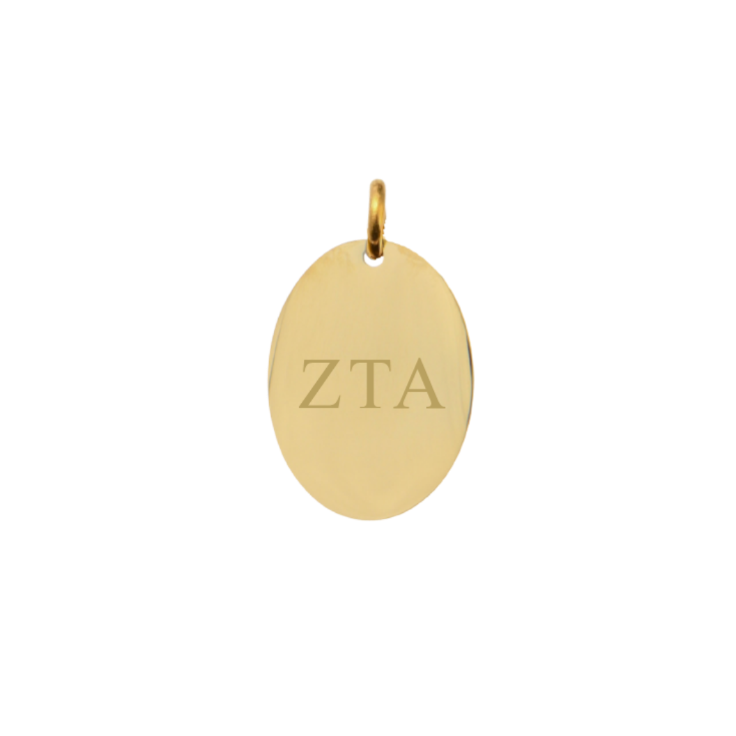 Zeta Tau Alpha Small Gold Oval Charm - Horizontal Greek Letters | Waterproof, Hypoallergenic & Tarnish Resistant