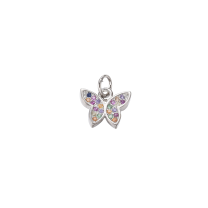 Butterfly-shaped pendant with colorful stones on a white background