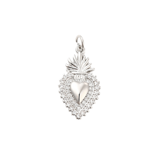 Silver Cubic Zirconia Flaming Holy Heart