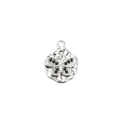 Silver Hammered Black Rhinestone Butterfly Charm
