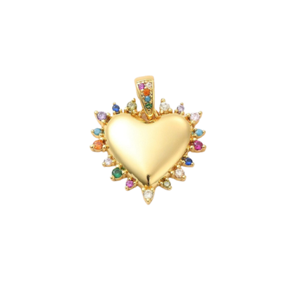 Gold heart-shaped pendant with colorful gemstones on a white background
