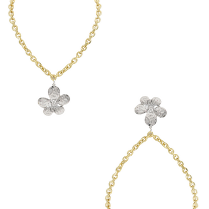 Front view of the Gold Jamesyn Necklace with Silver 5 Petal Flower Charm