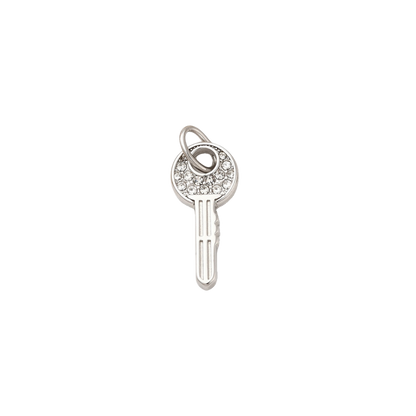 A silver key-shaped charm with clear rhinestone embellishments.