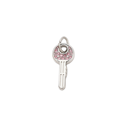 A silver key-shaped charm with clear rhinestone embellishments.