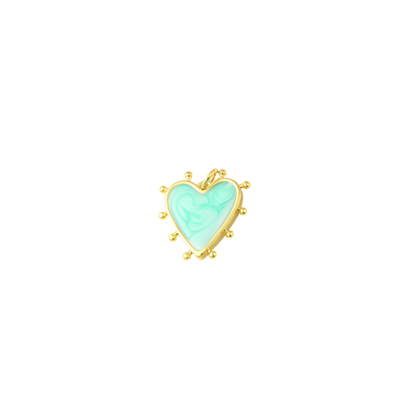 A collection of gold studded heart charms in assorted colors including pink, purple, white, and yellow.
