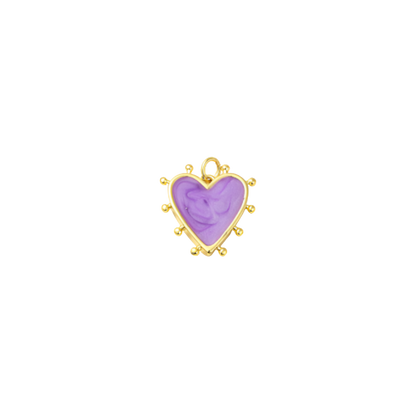 A collection of gold studded heart charms in assorted colors including pink, purple, white, and yellow.