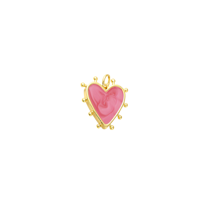 A collection of gold studded heart charms in assorted colors including pink, purple, white, and yellow.