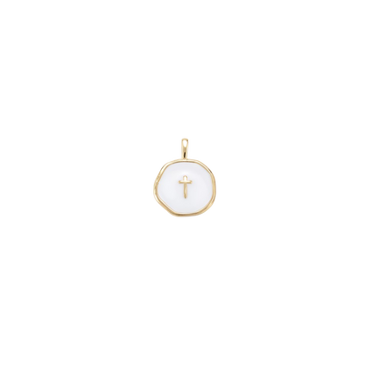 Gold White Round Disc with Gold Cross Charm