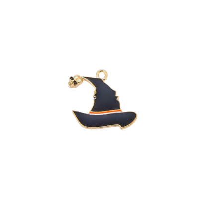 Black witch hat charm with gold accents on a white background