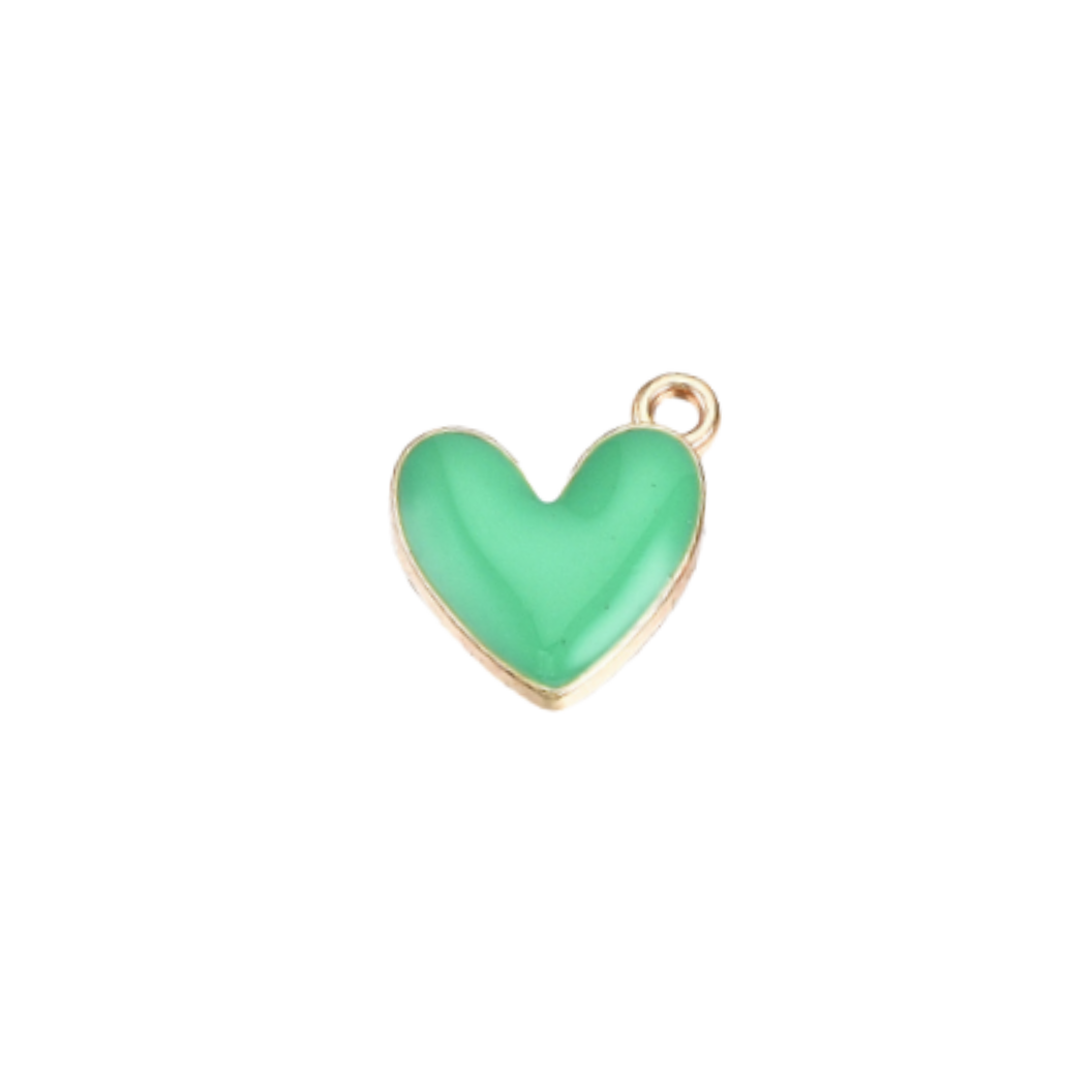 Green heart-shaped pendant with gold outline on a white background