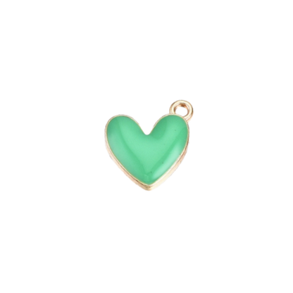 Green heart-shaped pendant with gold outline on a white background