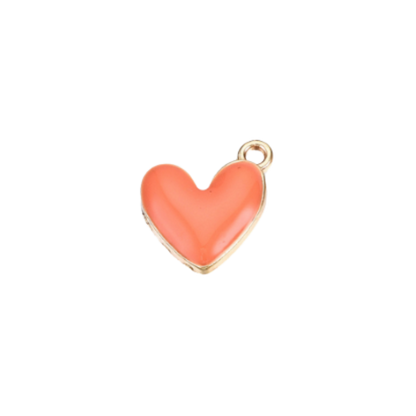 Heart-shaped charm with gold border and coral color on a white background
