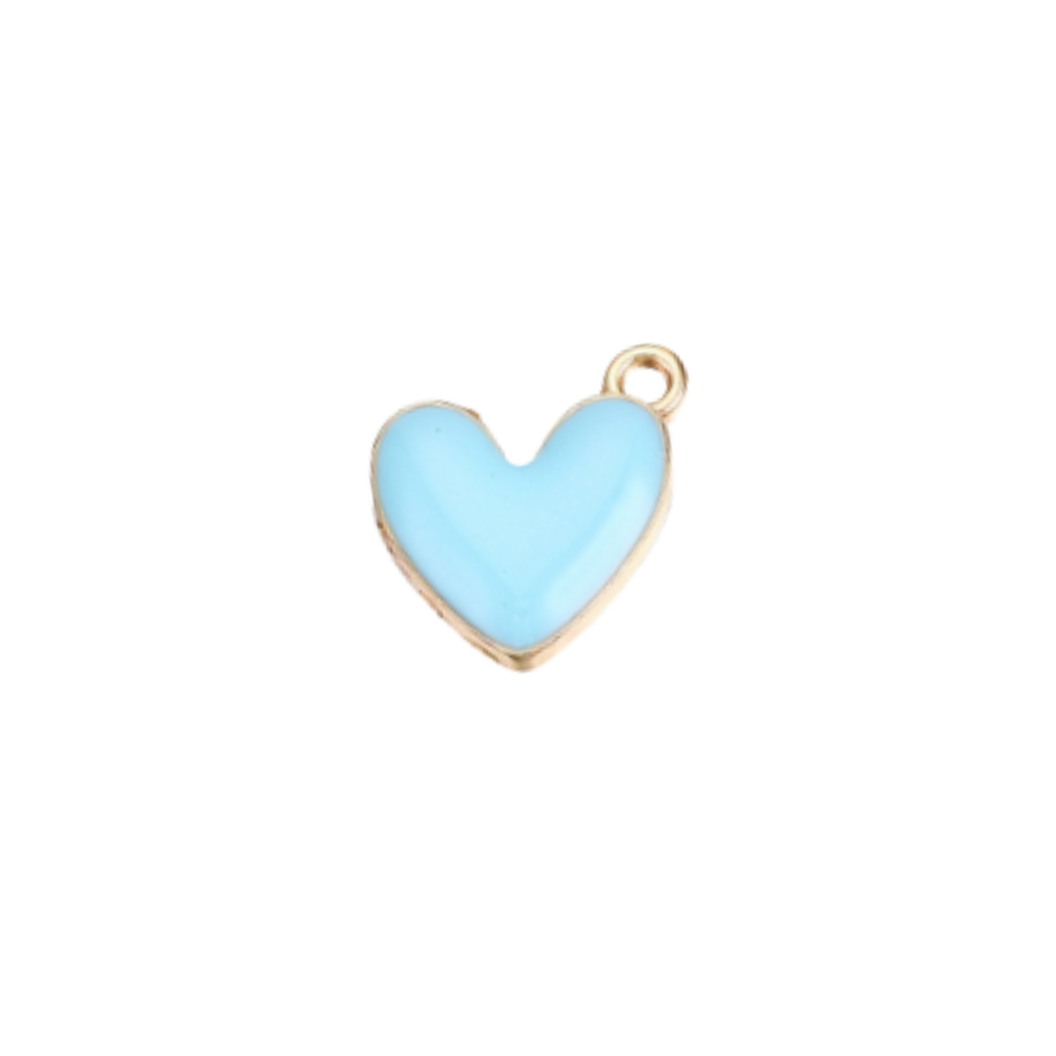 Heart-shaped pendant with gold frame and light blue center on a white background