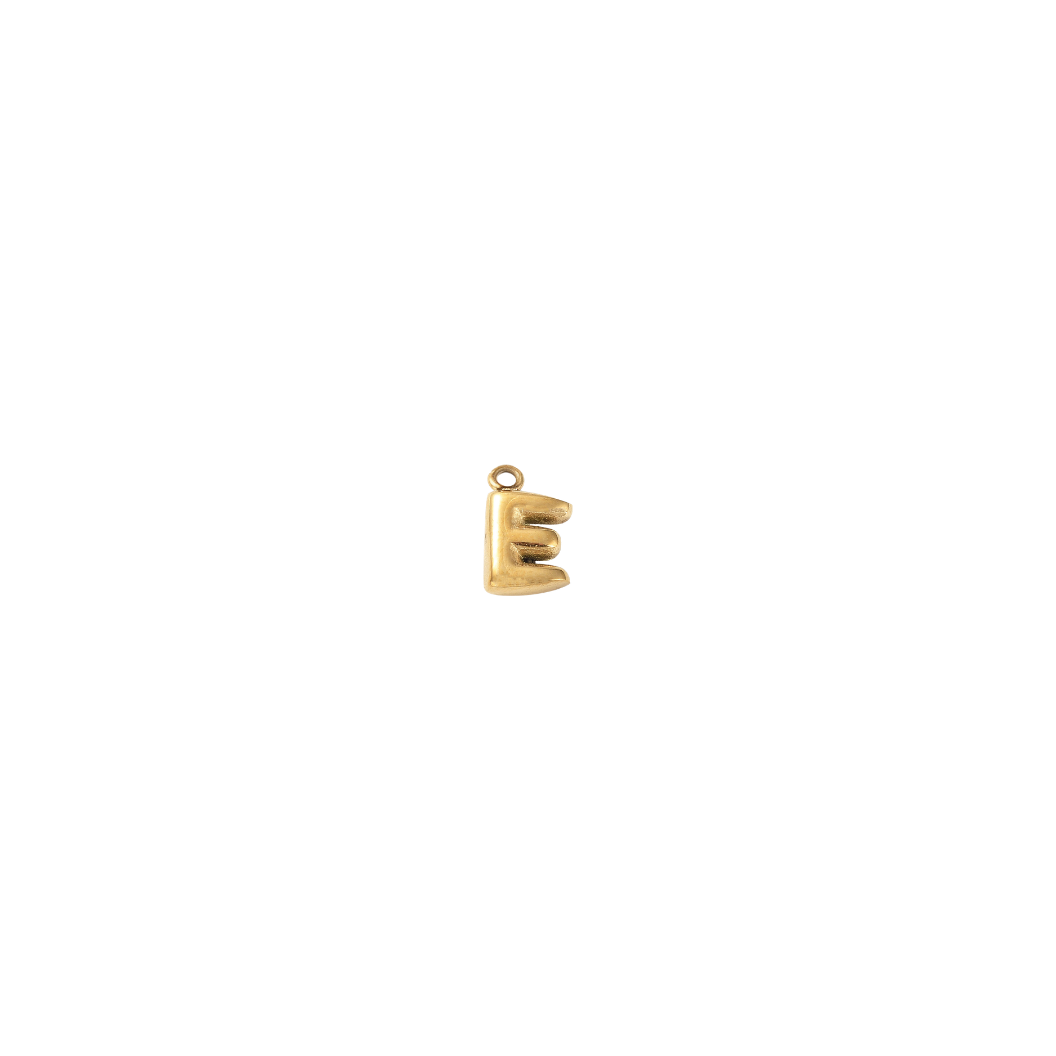 Gold letter 'E' pendant on a white background