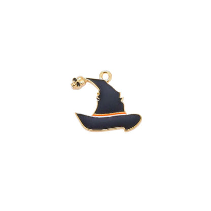Black witch hat charm with gold accents on a white background