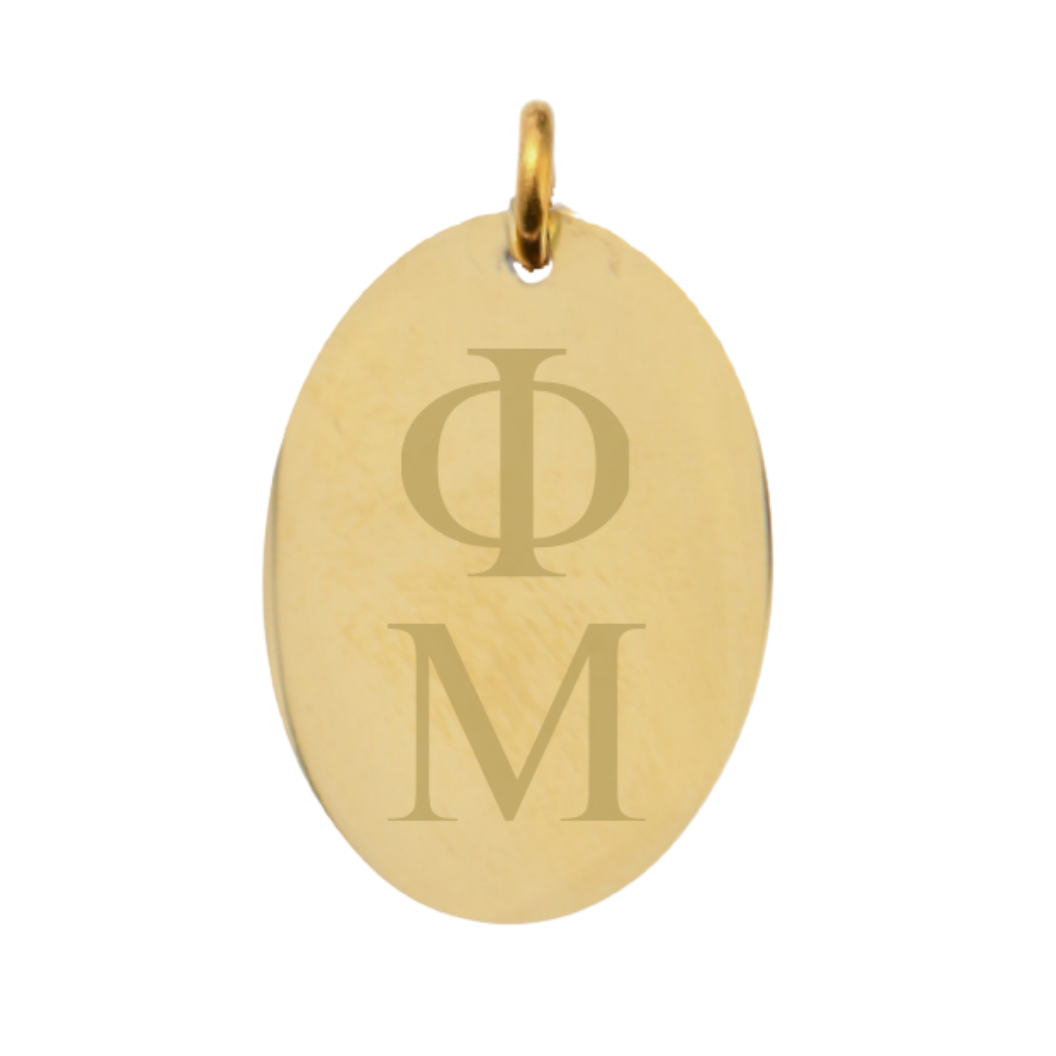 Phi Mu Large Gold Oval Sorority Charm - Vertical Stacked Greek Letters