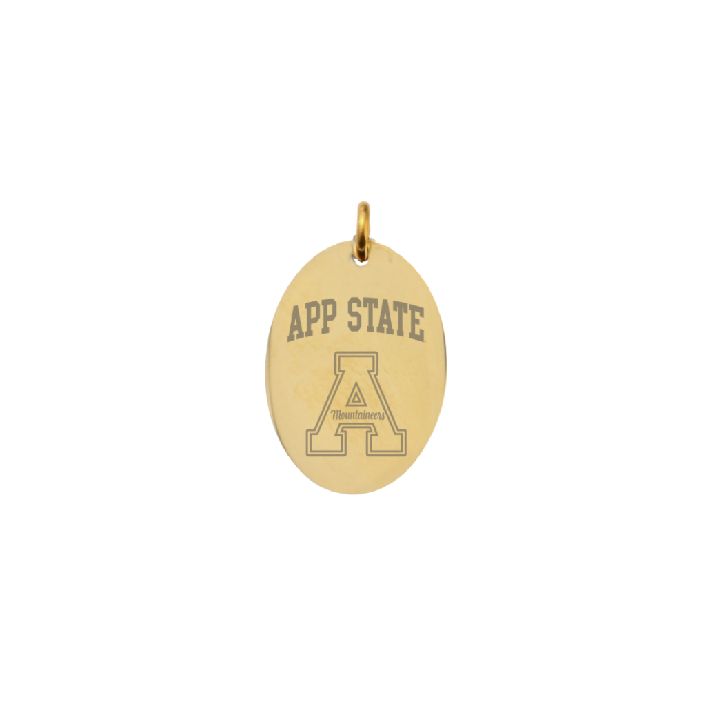 Appalachian State University Small Gold Oval Charm - APP State Text and "A" Logo