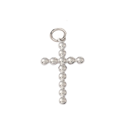 A silver ball cross charm with a minimalist design, featuring smooth, rounded ends and a small loop at the top for attachment.