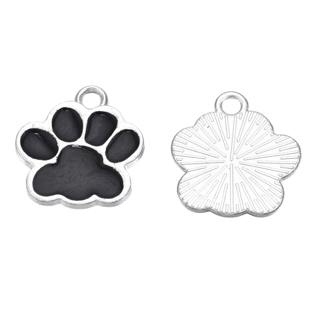 Front and back of the Silver & Black Puppy Paw Print Charms