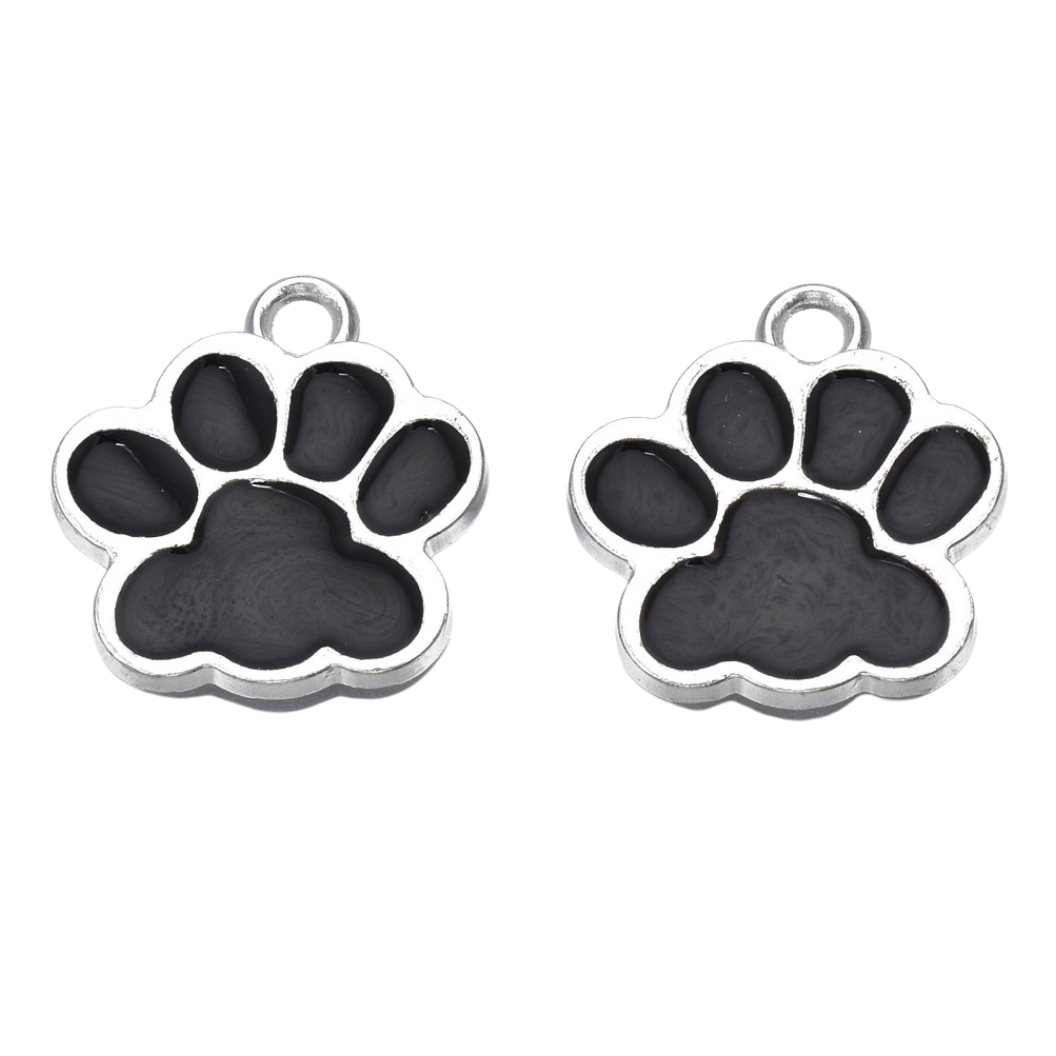 Front of two Silver & Black Puppy Paw Print Charms