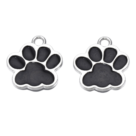 Front of two Silver & Black Puppy Paw Print Charms