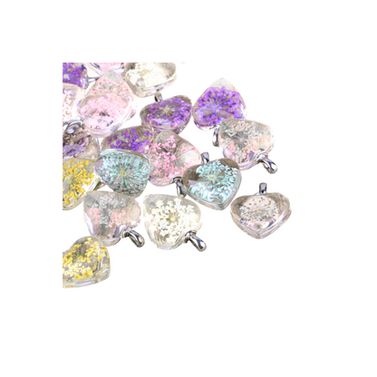 Various views of the Silver Dried Flower Heart Charm in assorted colors