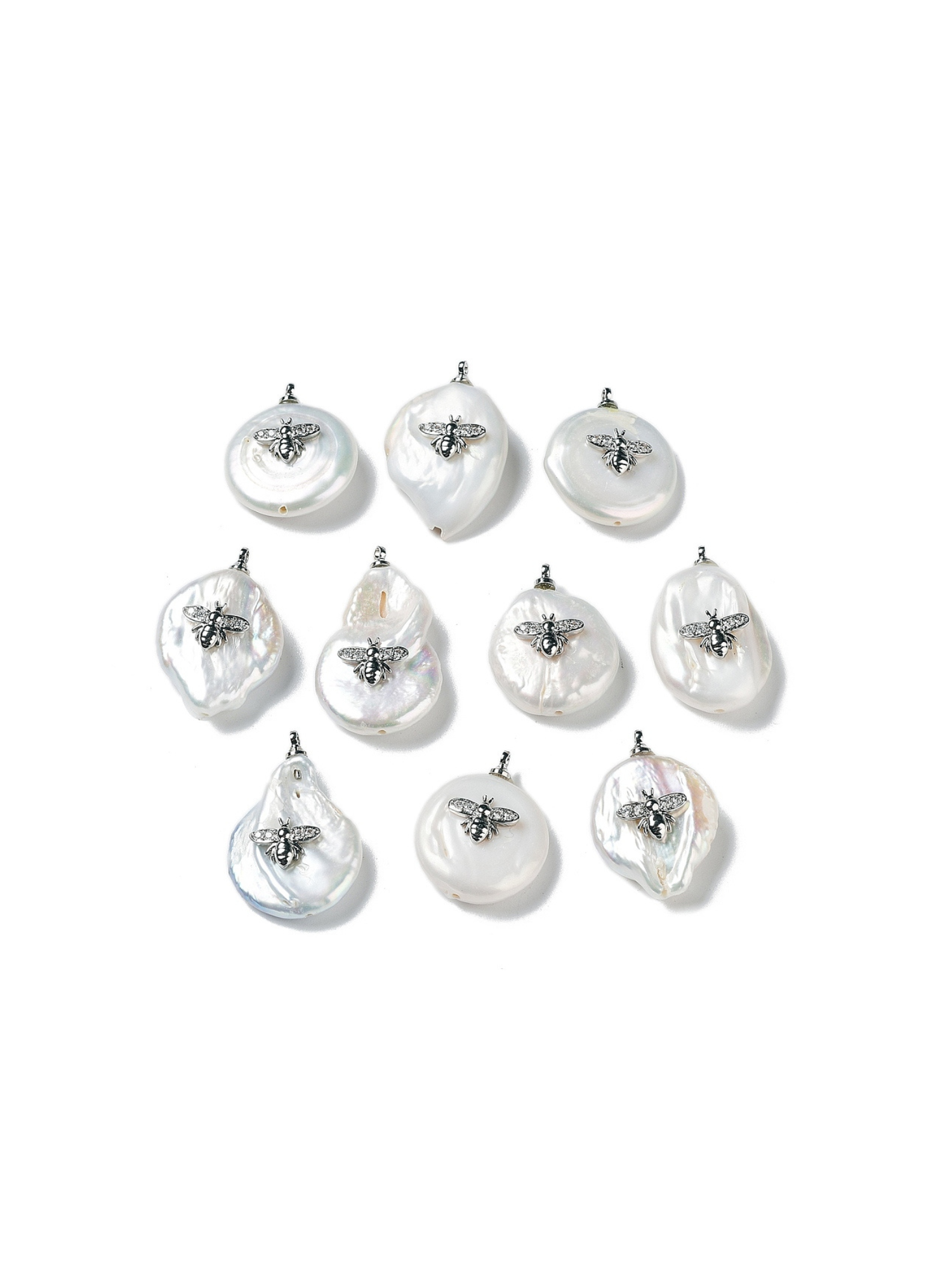 Front of 10 Silver Freshwater Pearl Bee Charms 