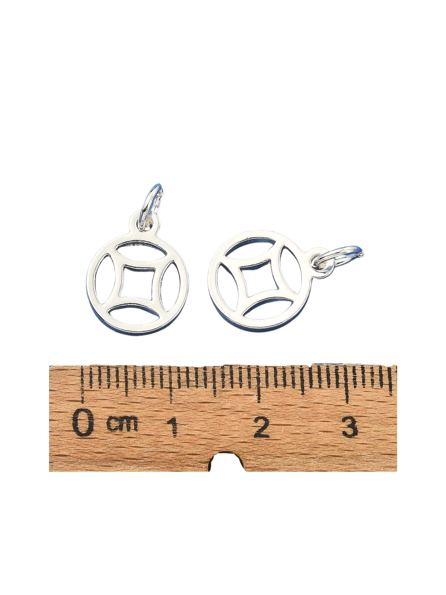 Front of two Silver Harmony Disc Charms with a ruler