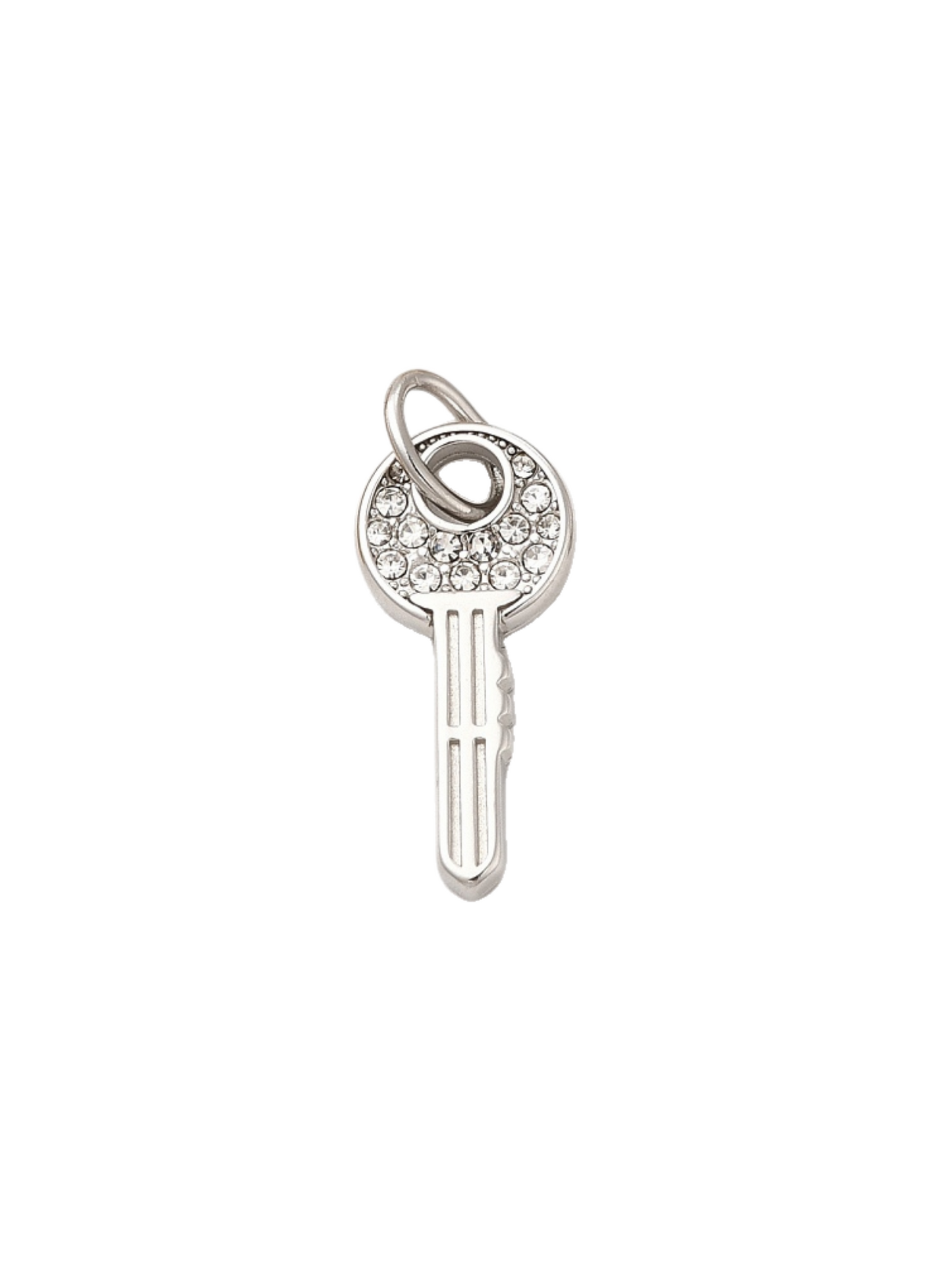 Front of the Silver Home Sweet Home Key Charm with clear rhinestones