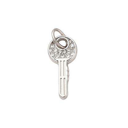 Front of the Silver Home Sweet Home Key Charm with clear rhinestones