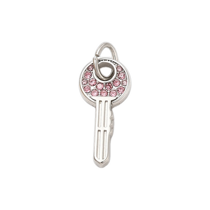 Front of the Silver Home Sweet Home Key Charm with pink rhinestones