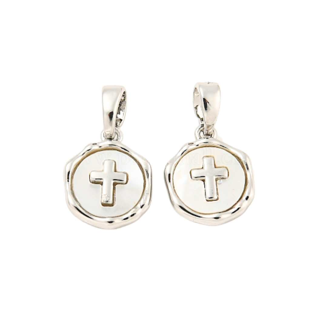 Front of Silver Pave Shell Cross Charm 