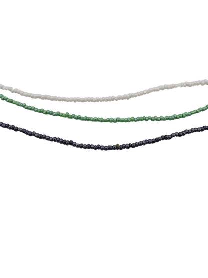 Three Options of the Silver Seed Bead Necklace in white, green, and black
