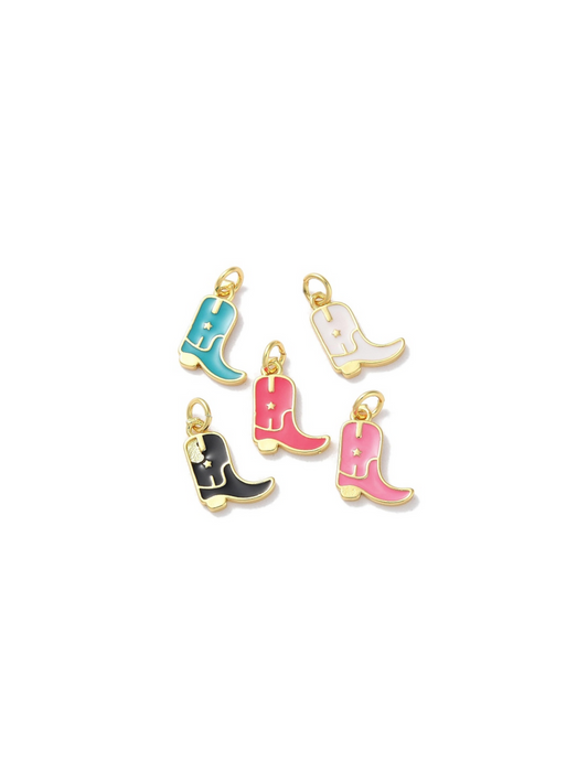 Front view of assorted gold colored cowgirl boot charms.