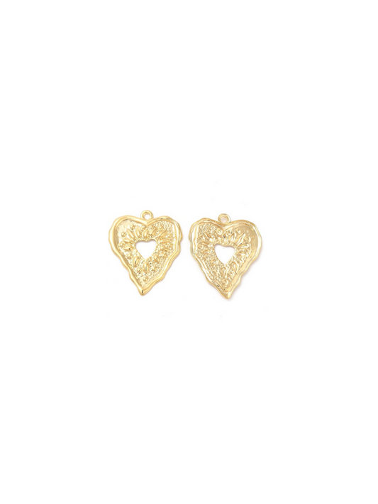 Front and back view of gold embossed heart charm.