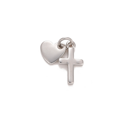 Silver Heart and Cross Charm, front view.