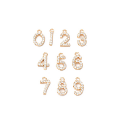Pave Number Charms in gold 0-9, front view.