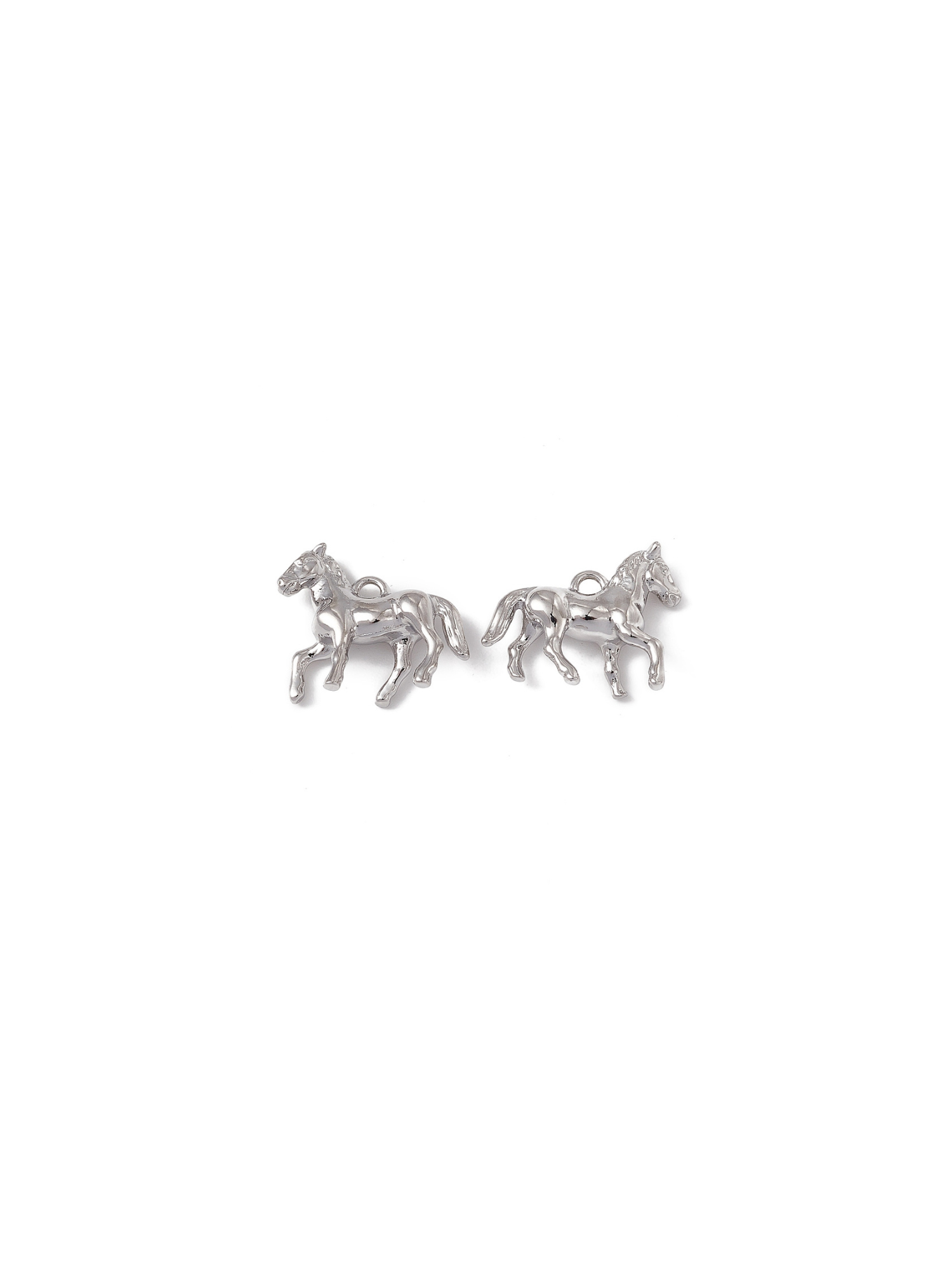 Side by side Silver Prancing Horse Charms, front and back view.