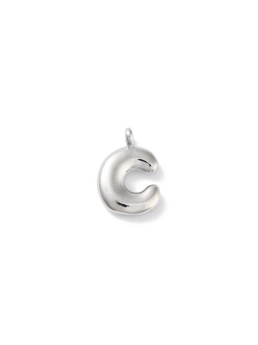 Front view of silver bubble letter "C" charm.