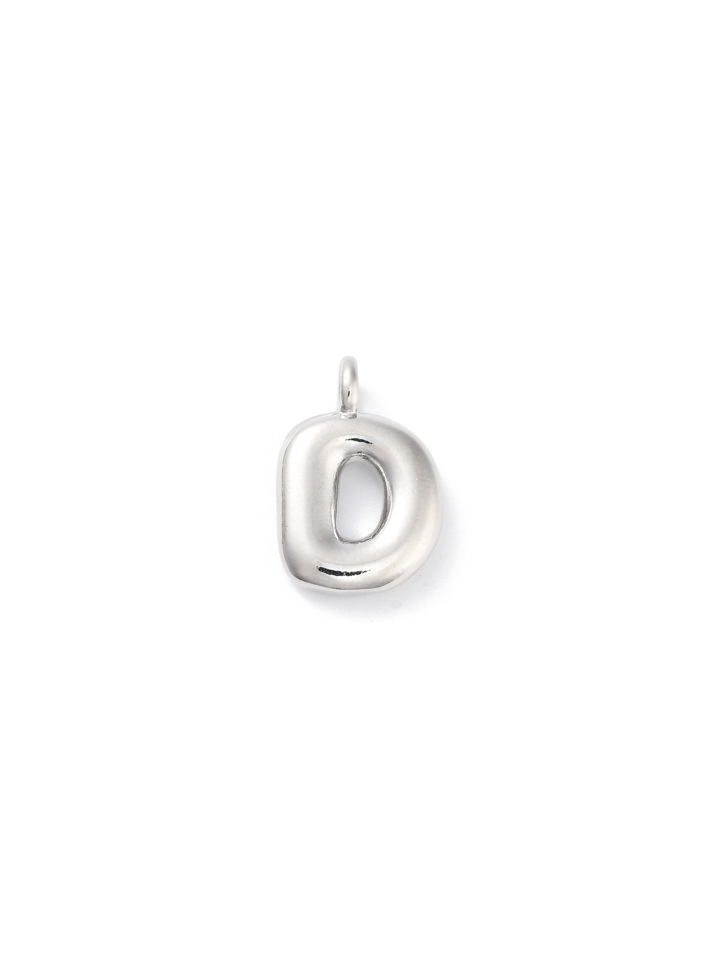 Front view of silver bubble letter "D" charm.