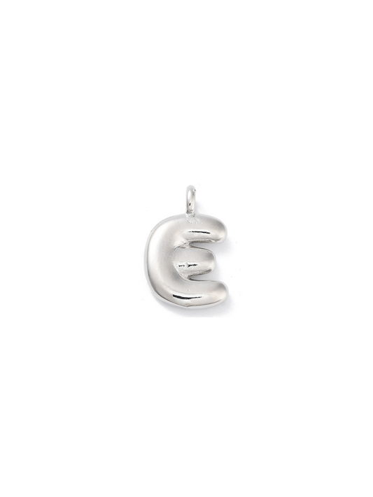 Front view of silver bubble letter "E" charm.