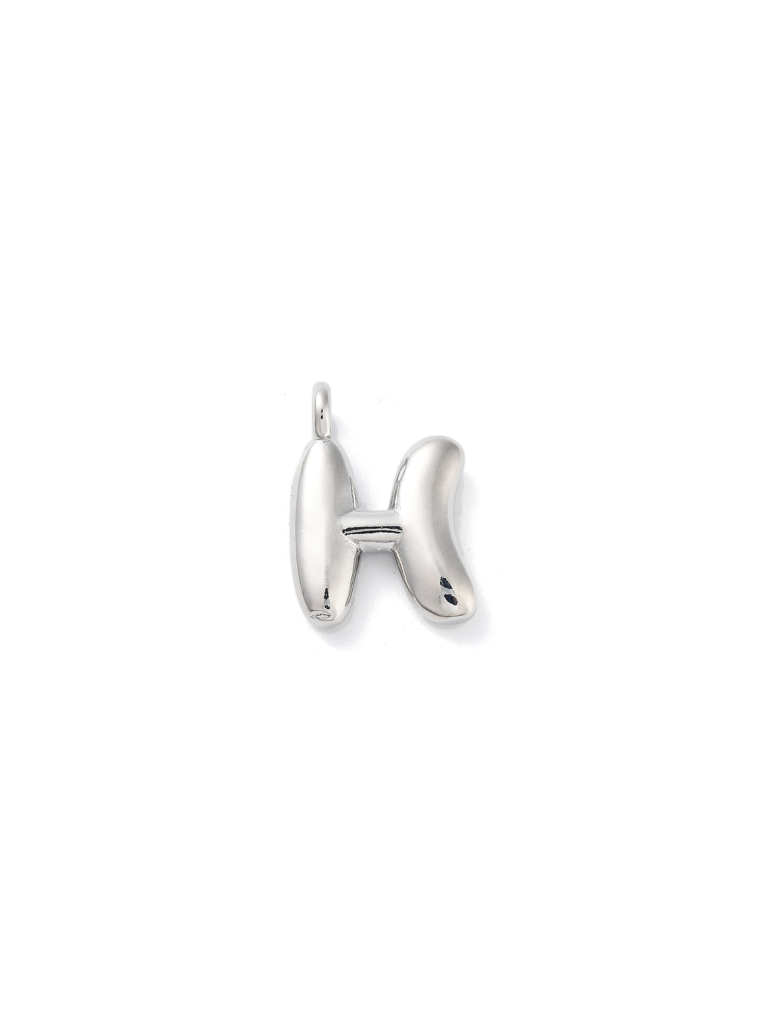 Front view of silver bubble letter "H" charm.