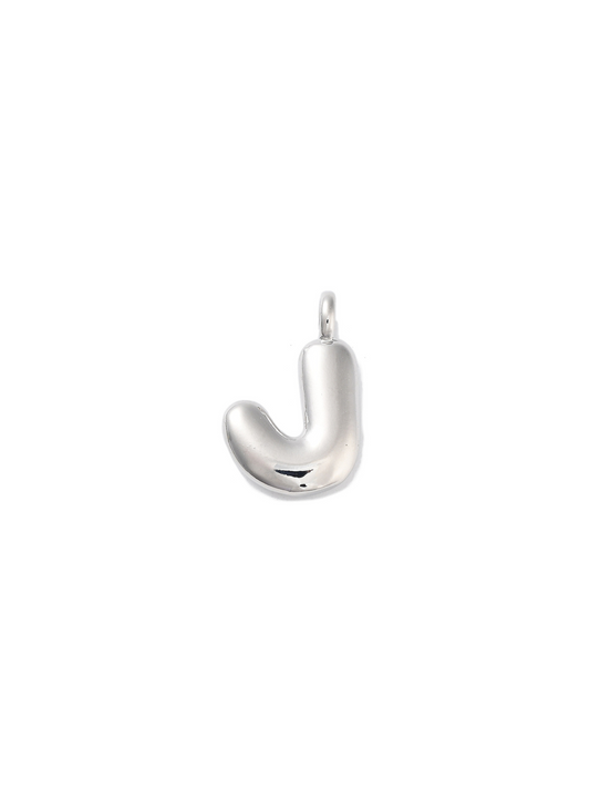 Front view of silver bubble letter "J" charm.