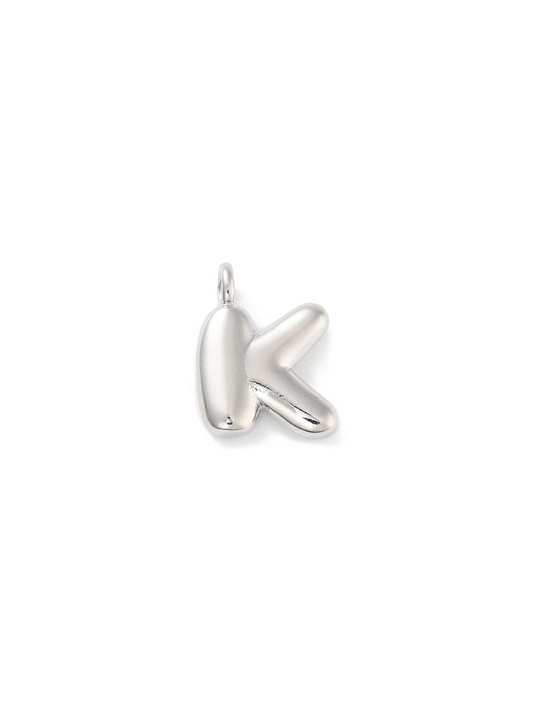 Front view of silver bubble letter "K" charm.