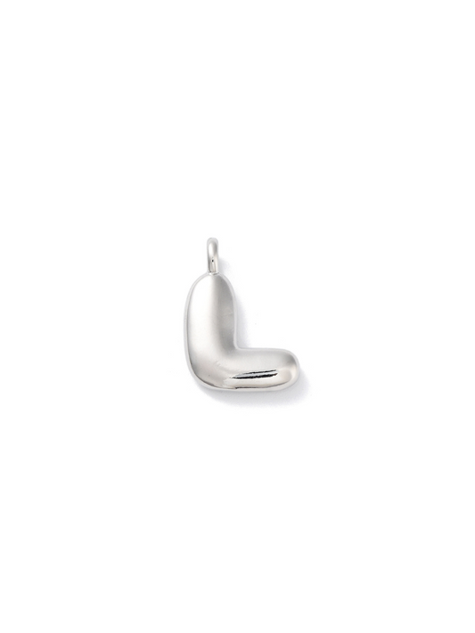 Front view of silver bubble letter "L" charm.